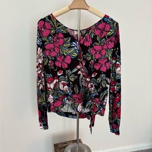 Pink Floral Wrap Blouse with Long Sleeves